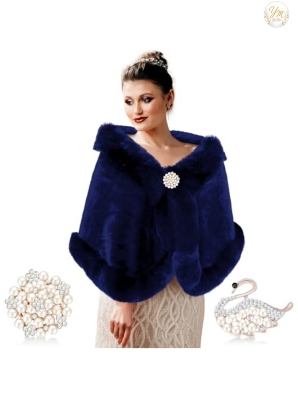Faux Fur Shawl Wrap with 2 Rhinestone Brooches Formal Wedding Cover Up